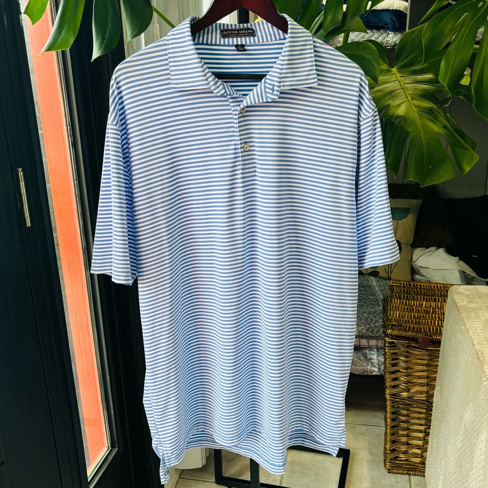 Men’s Peter Millar blue & white stripe short sleeve collared shirt in size XL.